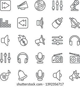 Thin Line Icon Set - vinyl vector, flame disk, microphone, radio, speaker, loudspeaker, settings, equalizer, headphones, fast forward, rewind, rca, tuning, bell, mute, music, sound, advertising