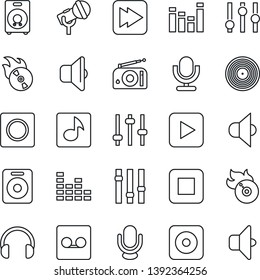 Thin Line Icon Set - vinyl vector, flame disk, microphone, radio, speaker, settings, equalizer, headphones, play button, stop, fast forward, rec, tuning, record, music, sound