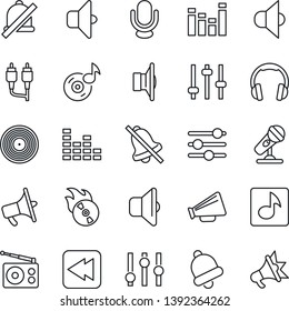 Thin Line Icon Set - vinyl vector, flame disk, microphone, radio, speaker, loudspeaker, settings, equalizer, headphones, rewind, rca, tuning, bell, mute, music, sound, advertising