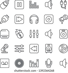 Thin Line Icon Set - vinyl vector, flame disk, microphone, speaker, settings, equalizer, headphones, pause button, fast forward, rewind, rec, rca, hdmi, tuning, record, sound