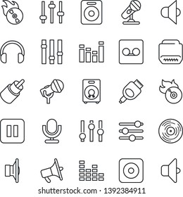 Thin Line Icon Set - vinyl vector, flame disk, microphone, speaker, loudspeaker, settings, equalizer, headphones, pause button, rec, rca, hdmi, tuning, record, sound