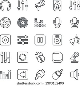Thin Line Icon Set - vinyl vector, flame disk, microphone, loudspeaker, settings, equalizer, headphones, speaker, pause button, rewind, rec, rca, hdmi, tuning, record, sound