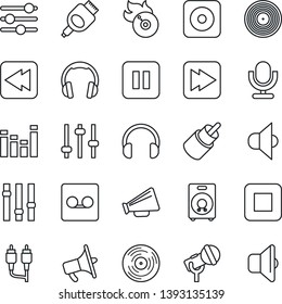 Thin Line Icon Set - vinyl vector, flame disk, microphone, speaker, loudspeaker, settings, equalizer, headphones, pause button, stop, fast forward, rewind, rec, rca, hdmi, tuning, record, sound