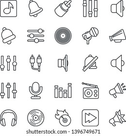 Thin Line Icon Set - vinyl vector, flame disk, microphone, radio, speaker, loudspeaker, settings, equalizer, headphones, fast forward, rca, tuning, bell, mute, music, sound, advertising