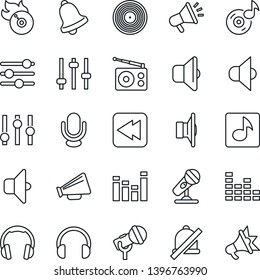 Thin Line Icon Set - vinyl vector, flame disk, microphone, radio, speaker, loudspeaker, settings, equalizer, headphones, rewind, tuning, bell, mute, music, sound, advertising