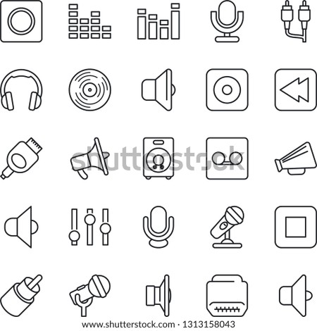 Thin Line Icon Set - vinyl vector, microphone, speaker, loudspeaker, settings, equalizer, headphones, stop button, rewind, rec, rca, hdmi, record, sound