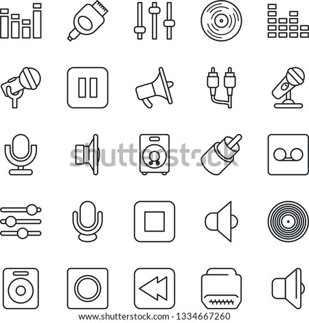 Thin Line Icon Set - vinyl vector, microphone, speaker, loudspeaker, equalizer, pause button, stop, rewind, rca, hdmi, tuning, record, sound