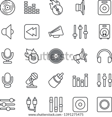Thin Line Icon Set - vinyl vector, flame disk, microphone, speaker, loudspeaker, settings, equalizer, headphones, rewind, rec button, rca, tuning, record