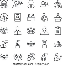 Thin Line Icon Set - vip vector, disabled, reception, speaking man, pedestal, team, client, group, user, company, identity card, hr, manager desk, meeting, estate agent, cook, consumer search