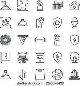 Thin Line Icon Set - vip vector, reception bell, tree, barbell, important flag, mobile tracking, cargo container, vinyl, protect, data exchange, eye id, mailbox, smart home, flower in pot, cook