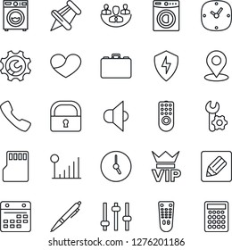 Thin Line Icon Set - vip vector, case, speaker, remote control, heart, paper pin, call, protect, tuning, clock, sd, calendar, notes, place tag, lock, cellular signal, root setup, company, pen
