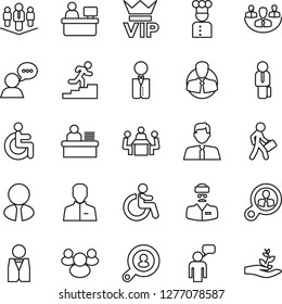 Thin Line Icon Set - vip vector, disabled, speaking man, manager place, doctor, client, speaker, group, user, company, desk, meeting, career ladder, search, estate agent, waiter, cook, consumer