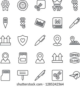 Thin Line Icon Set - vip vector, pen, stamp, plant label, heart shield, navigation, pin, up side sign, no hook, barcode, sd, cut, place tag, sertificate, menu, open close, paper plane