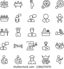 Thin Line Icon Set - vip vector, baby, bed, speaking man, meeting, disabled, doctor, pregnancy, speaker, company, hr, manager desk, client search, estate agent, cook, consumer, palm sproute