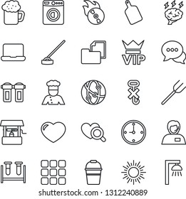 Thin Line Icon Set - vip vector, washer, sun, brainstorm, farm fork, bucket, well, hoe, blood test vial, heart diagnostic, support, folder document, no hook, flame disk, network, dialog, menu, clock