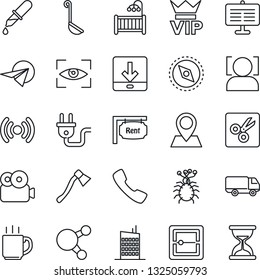 Thin Line Icon Set - vip vector, axe, dropper, virus, pin, car delivery, share, call, scanner, download, cut, compass, face id, video, coffee, presentation board, rent, children room, city house