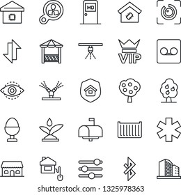 Thin Line Icon Set - vip vector, medical room, ambulance star, cargo container, tuning, record, data exchange, bluetooth, eye id, fruit tree, smart home, estate insurance, mailbox, egg stand, alcove