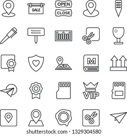 Thin Line Icon Set - vip vector, pen, stamp, plant label, heart shield, navigation, pin, fragile, up side sign, barcode, sd, cut, place tag, sertificate, sale, menu, open close, paper plane