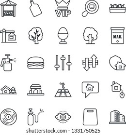 Thin Line Icon Set - vip vector, tree, seedling, garden sprayer, search cargo, vinyl, tuning, data exchange, eye id, house with, mailbox, crane, egg stand, cafe building, alcove, hamburger, protect