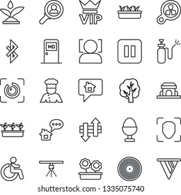 Thin Line Icon Set - vip vector, disabled, medical room, tree, seedling, garden sprayer, vinyl, pause button, data exchange, bluetooth, face id, eye, flower in pot, cook, egg stand, cafe building