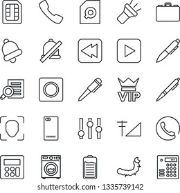 Thin Line Icon Set - vip vector, case, document search, pen, caterpillar, settings, battery, play button, rewind, phone back, call, calculator, bell, record, sim, torch, mute, face id, washer