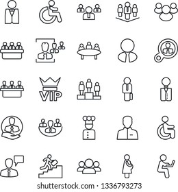 Thin Line Icon Set - vip vector, disabled, speaking man, pedestal, team, meeting, pregnancy, client, group, user, company, hr, manager, career ladder, estate agent, waiter, cook, consumer search