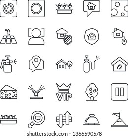 Thin Line Icon Set - vip vector, reception bell, seedling, garden sprayer, mobile tracking, search cargo, pause button, record, data exchange, face id, eye, house with tree, fruit, smart home