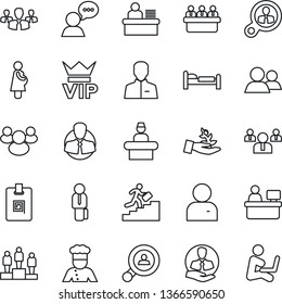 Thin Line Icon Set - vip vector, reception, bed, pedestal, team, meeting, manager place, pregnancy, client, speaker, group, user, identity card, desk, career ladder, search, cook, consumer