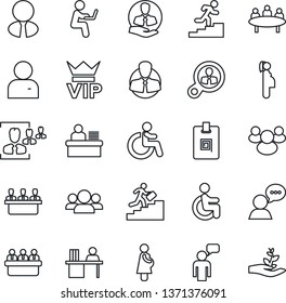 Thin Line Icon Set - vip vector, disabled, speaking man, meeting, pregnancy, client, speaker, group, user, identity card, hr, manager desk, career ladder, estate agent, consumer search, palm sproute