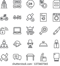 Thin Line Icon Set - vip vector, baby room, baggage larry, hierarchy, document, reload, garden knife, heart diagnostic, plane, satellite, 24 hours, gamepad, dialog, laptop pc, office building, chair