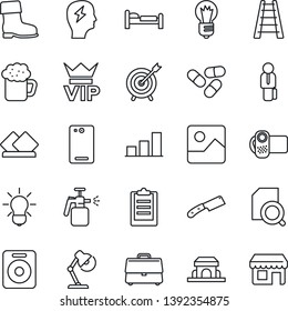 Thin Line Icon Set - vip vector, bed, brainstorm, bulb, ladder, boot, garden sprayer, pills, video camera, speaker, phone back, gallery, clipboard, case, bar graph, document search, desk lamp, beer