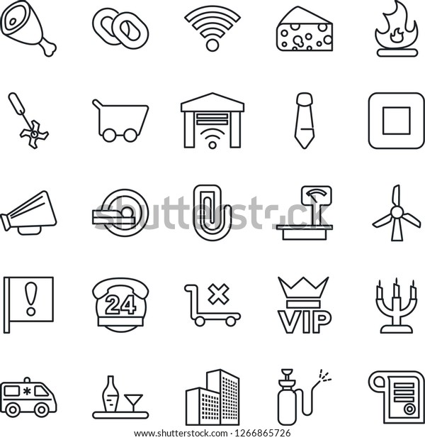 Thin Line Icon Set - vip vector, tie, fire,\
garden sprayer, ripper, tomography, ambulance car, important flag,\
24 hours, no trolley, heavy scales, loudspeaker, chain, stop\
button, wireless, alcohol