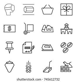 thin line icon set : virtual mask, nano tube, basket, gift, receipt, cargo stoller, project, fort, pin, inventory, iron, coffee seeds, berry, spikelets, scoop, construct garbage
