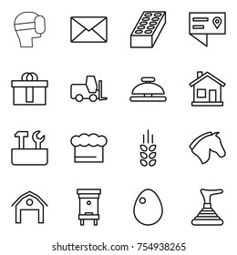 thin line icon set : virtual mask, mail, brick, location details, hi quality package, fork loader, service bell, home, repair tools, chief hat, spikelets, horse, barn, hive, egg, plunger