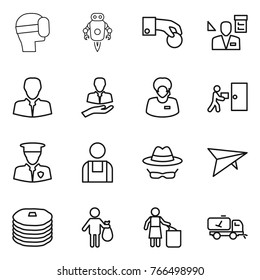 Thin line icon set : virtual mask, jet robot, hand coin, architector, client, support manager, courier delivery, security man, workman, confidential, deltaplane, pancakes, trash, garbage bin