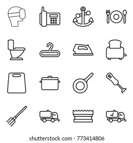 Thin line icon set : virtual mask, phone, anchor, cafe, toilet, hanger, iron, toaster, cutting board, pan, blender, fork, sweeper, sponge, home call cleaning