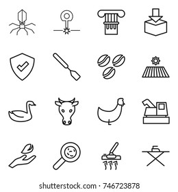 thin line icon set : virus, laser, column, package, protected, spatula, coffee seeds, field, goose, cow, chicken, harvester, hand leaf, viruses, vacuum cleaner, iron board