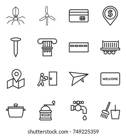 thin line icon set : virus, windmill, credit card, dollar pin, nail, column, bunker, truck shipping, map, courier delivery, deltaplane, welcome mat, pan, hand mill, water tap, bucket and broom