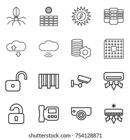 thin line icon set : virus, sun power, server, cloude service, cloud wireless, virtual mining, cpu, unlock, bar code, surveillance, air conditioning, unlocked, intercome, camera