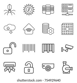 thin line icon set : virus, sun power, server, cloude service, wireless home, virtual mining, cpu, unlock, bar code, surveillance, air conditioning, unlocked, camera, water pump