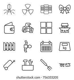 Thin line icon set : virus, nuclear, server, bow, wallet, modern architecture, window, japanese house, fence, satellite, calendar, heavy, suitcase, repair tools, big fork, drying clothe
