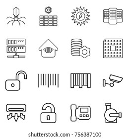 Thin line icon set : virus, sun power, server, wireless home, virtual mining, cpu, unlock, bar code, surveillance, air conditioning, unlocked, intercome, water pump