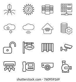 Thin line icon set : virus, sun power, server, cloude service, cloud wireless, home, virtual mining, unlock, store signboard, bar code, surveillance, air conditioning, intercome, camera, water pump
