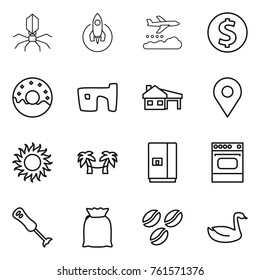 Thin line icon set : virus, rocket, weather management, dollar coin, donut, slum, house with garage, geo pin, sun, palm hammock, fridge, oven, blender, flour, coffee seeds, goose