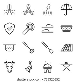 Thin line icon set : virus, spinner, infinity power, dry cargo, protected, search, slippers, colander, whisk, spatula, field, cow, goose, house cleaning, iron board