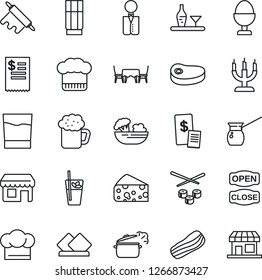 Thin Line Icon Set - waiter vector, alcohol, cook hat, drink, phyto bar, beer, salad, bacon, egg stand, candle, cafe table, open close, restaurant receipt, steak, rolling pin, steaming pan, sushi