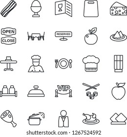 Thin Line Icon Set - waiter vector, cook, restaurant table, serviette, cafe, hat, wine card, reserved, reception, drink, bacon, egg stand, salt and pepper, vip zone, open close, chicken, ham, sushi