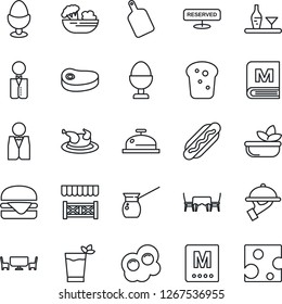 Thin Line Icon Set - waiter vector, alcohol, menu, reserved, reception, phyto bar, salad, egg stand, bread, cafe table, alcove, chicken, steak, hamburger, hot dog, cutting board, turkish coffee