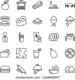 Thin Line Icon Set - waiter vector, alcohol, serviette, cafe, phyto bar, salad, plates, bacon, egg stand, table, vip zone, open close, alcove, credit card, restaurant receipt, hamburger, rolling pin