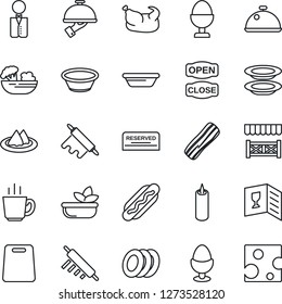 Thin Line Icon Set - waiter vector, dish, serviette, wine card, reserved, coffee, salad, plates, bacon, egg stand, candle, open close, alcove, chicken, hot dog, bowl, rolling pin, cutting board